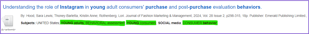 library search result showing additional subject terms under the result title: behavioural assessment, young consumers, consumer behaviour