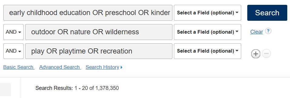 Advanced search box with related terms in three rows: Early childhood education OR preschool OR kindergarten; outdoor OR nature OR wilderness; play OR playtime OR recreation