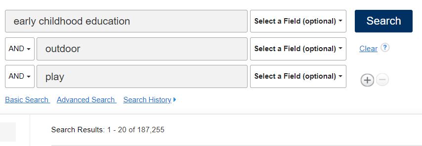 Three rows of the advanced Library search box each with a separate term - early childhood education, outdoor, play