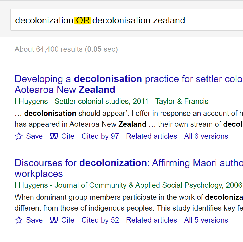 Google Scholar search box showing the words decolonisation spelt with a z and an s separated by the word OR in uppercase letters