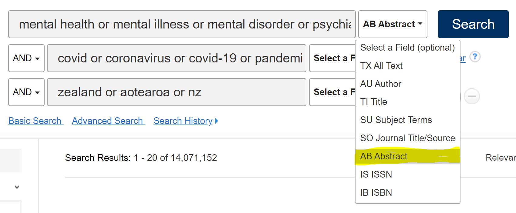 Field operator drop down to the right of the advanced search box, with AB Abstract highlighted and including TX All Text, AU Author, TI Title, SU Subject Terms, SO Journal/Title Source, IS ISSN, IB ISBN