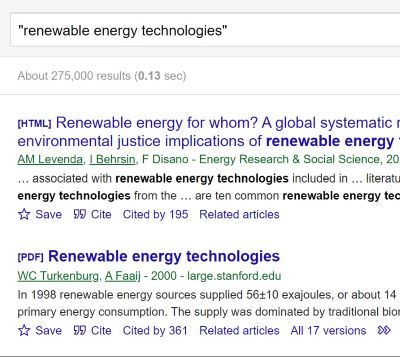 Google Scholar search box with the words renewable energy technologies in speech marks