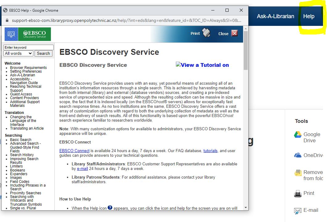 Help button available at the top of the Advanced Discovery search, links to the Contents of a help manual