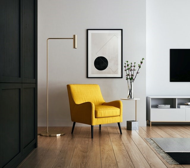 interior decor_yellow chair, lamp and sideboard