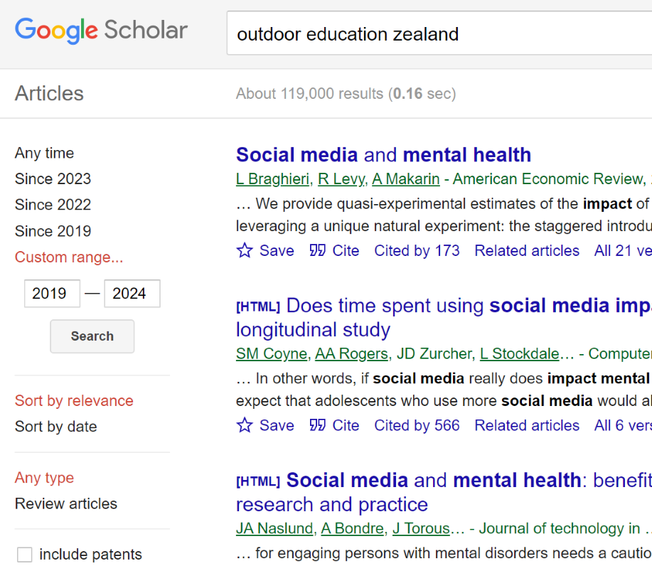 Google Scholar search box showing with the words outdoor education zealand and custom date range 2019 to 2024