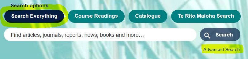 Library search box with the search options for Discovery searching - earch Everything or Advanced Search 